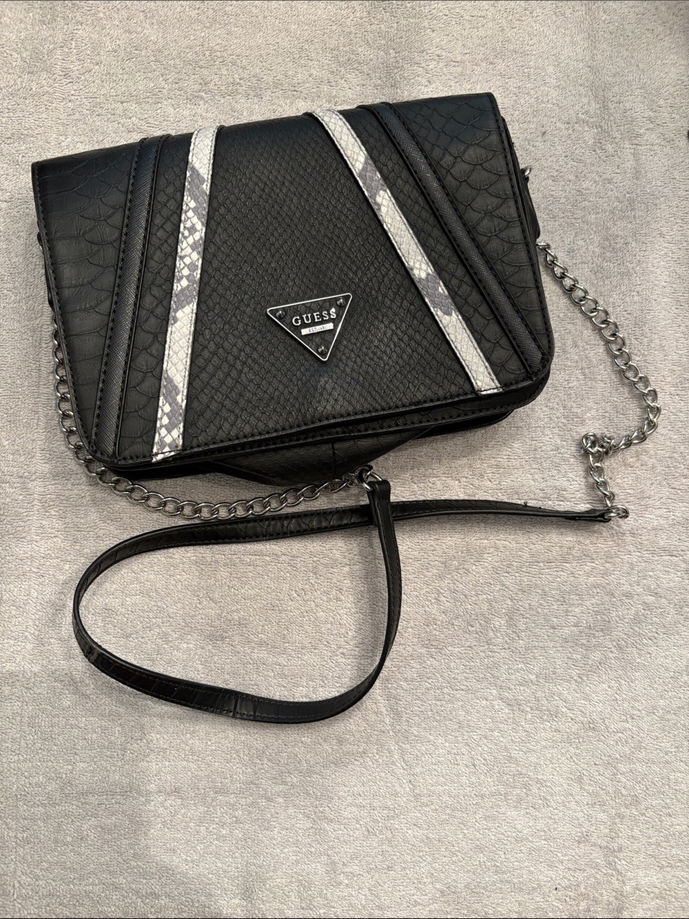 GUESS Black Crossbody with Silver Snake-Print Stripes